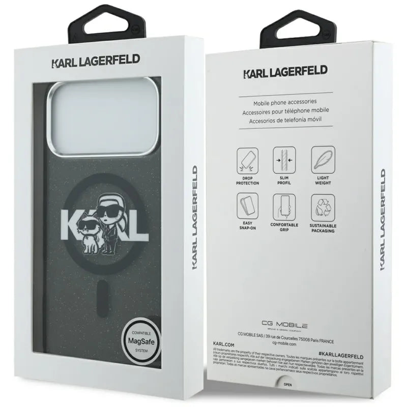 Karl Lagerfeld IML Blizgučių Karl & Choupette eskizo logotipas MagSafe - dėklas iPhone 17 Pro Max (juodas)