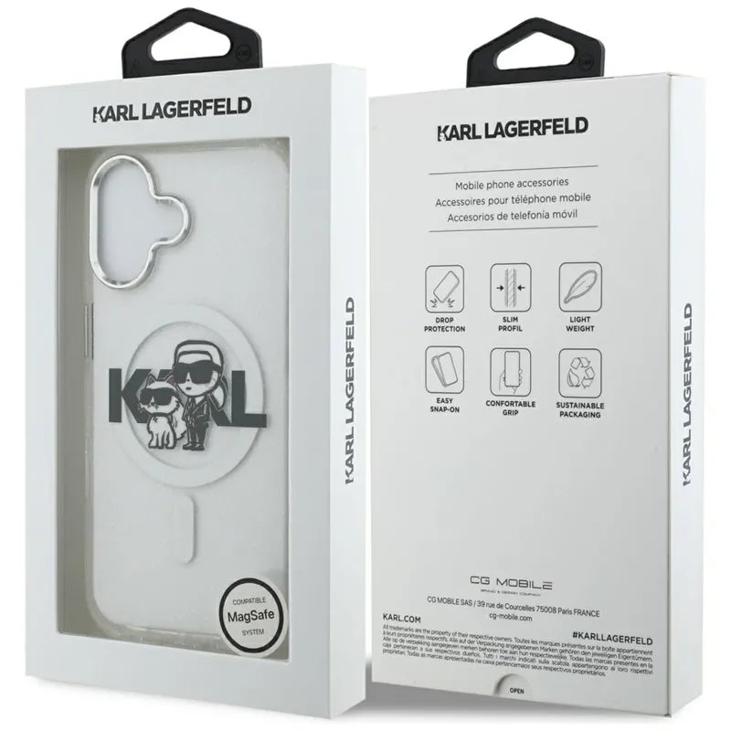 Karl Lagerfeld IML blizgučių Karl & Choupette pieštuko eskizo logotipas MagSafe – Dėklas, skirtas iPhone 17 (skaidrus)