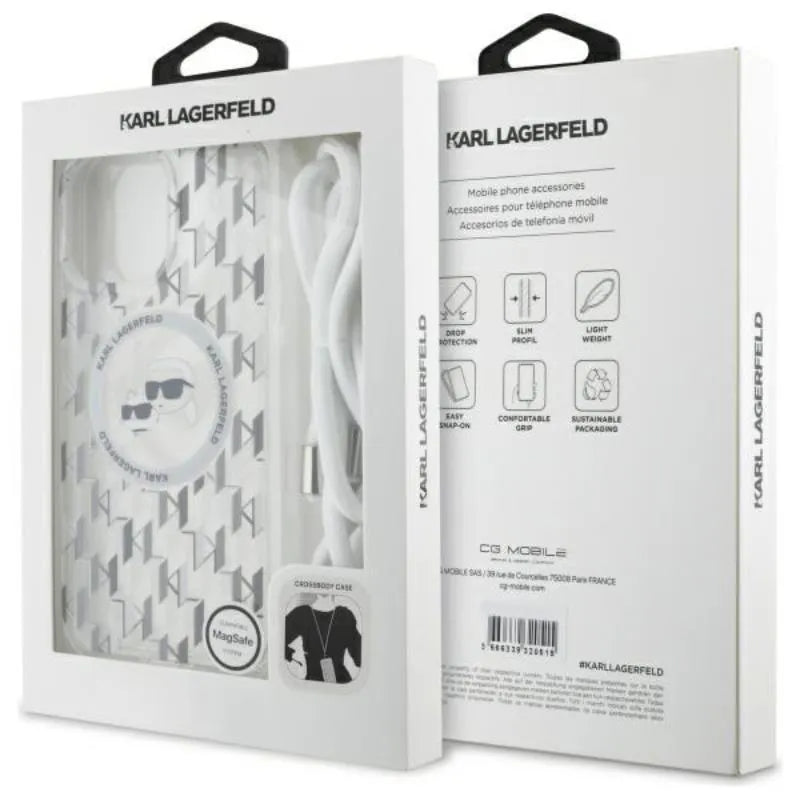 Karl Lagerfeld IML Crossbody Monogram Karl & Choupette Head MagSafe – dėklas, skirtas iPhone 16 Pro Max (skaidrus)
