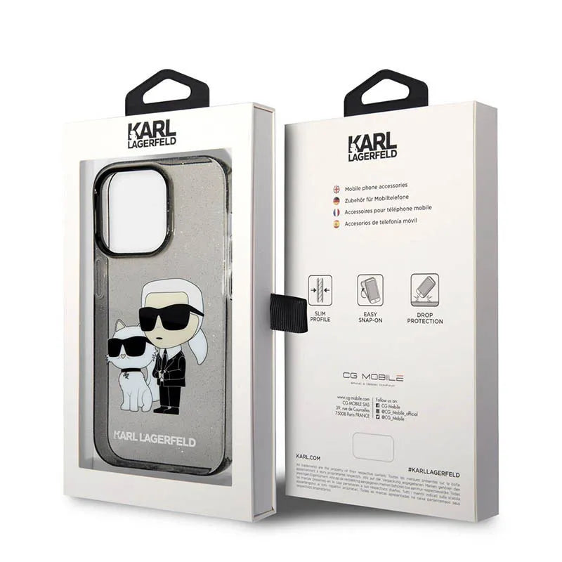 Karl Lagerfeld IML Glitter NFT Karl & Choupette – dėklas iPhone 14 Pro (juodas)