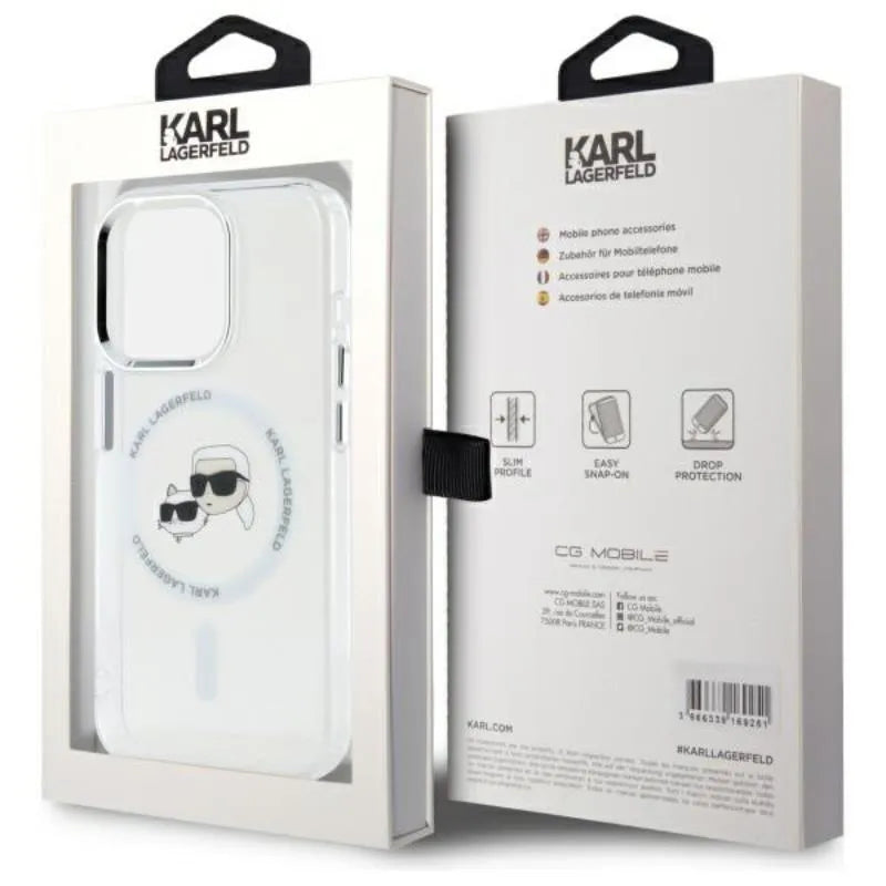 Karl Lagerfeld IML Metal Karl & Choupette Head MagSafe – dėklas, skirtas iPhone 15 Pro Max (baltas)