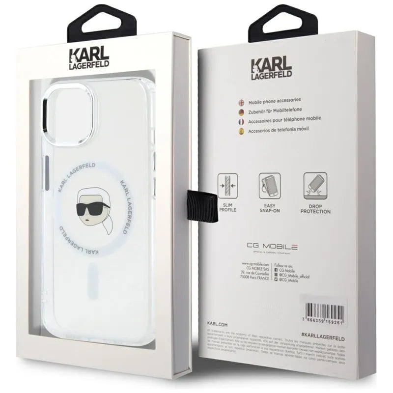 Karl Lagerfeld IML Metal Karl Head MagSafe – dėklas, skirtas iPhone 15 Plus (baltas)