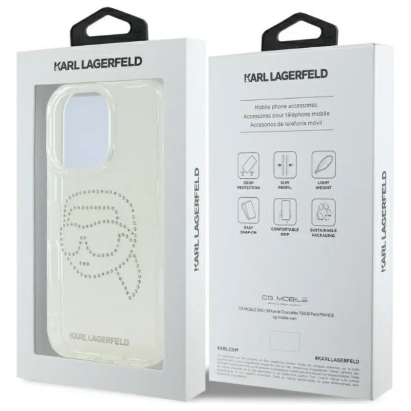 Karl Lagerfeld IML Rhinestones Karl Head – dėklas iPhone 16 Pro (skaidrus)