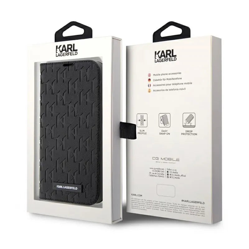 Karl Lagerfeld Knygos tipo dėklas Saffiano Monogram – dėklas iPhone 14 Pro (juodas)