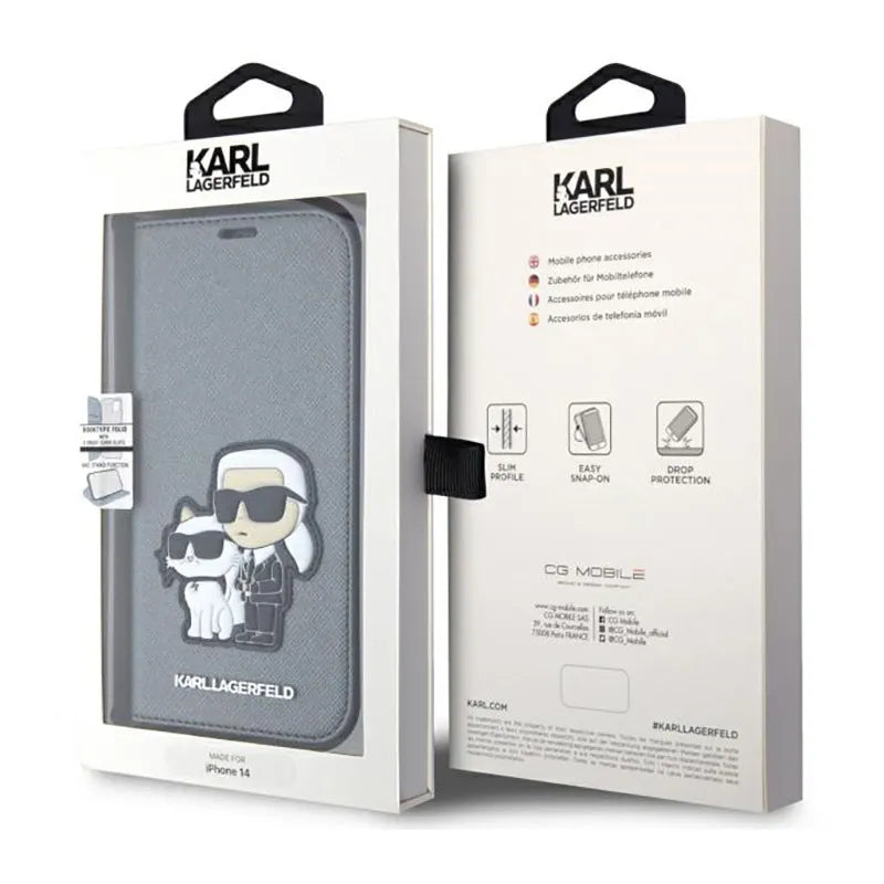 Karl Lagerfeld Knygos tipo NFT Saffiano Karl & Choupette – dėklas, skirtas iPhone 14 (Sidabrinis)