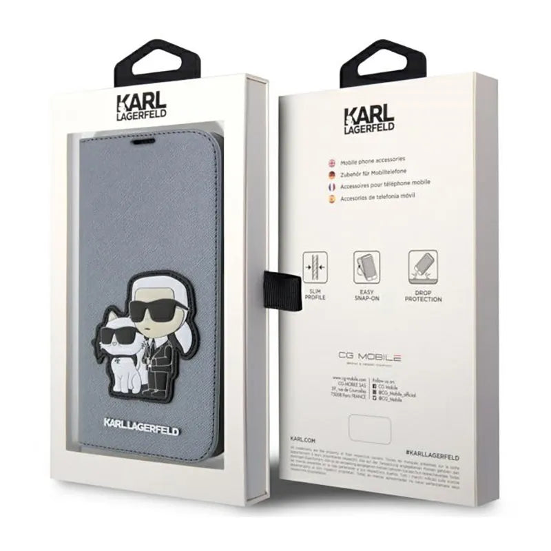 Karl Lagerfeld Knygutės tipo NFT Saffiano Karl & Choupette – Dėklas, skirtas iPhone 14 Pro Max (Sidabrinis)