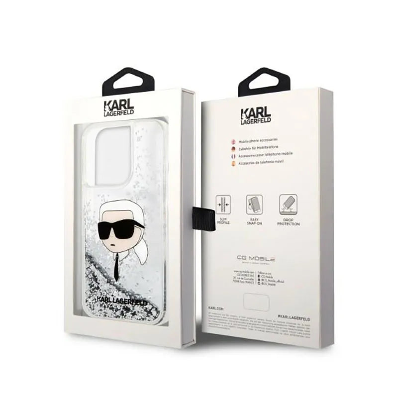 Karl Lagerfeld Liquid Glitter NFT Karl's Head – dėklas iPhone 14 Pro (sidabrinis)
