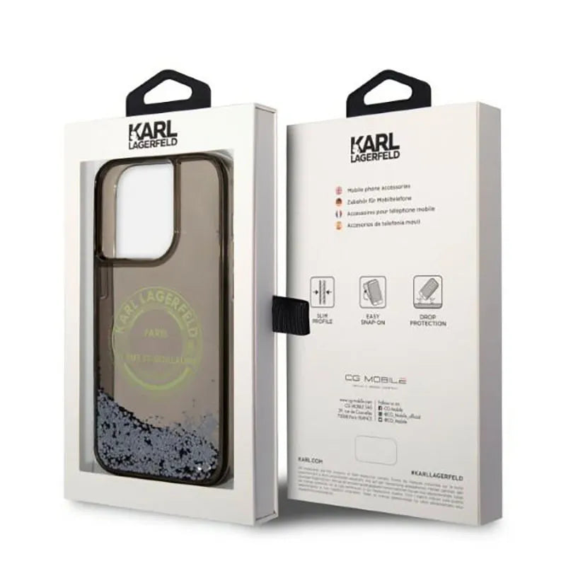 Karl Lagerfeld Liquid Glitter Round RSG Logo dėklas – dėklas, skirtas iPhone 14 Pro (juodas)