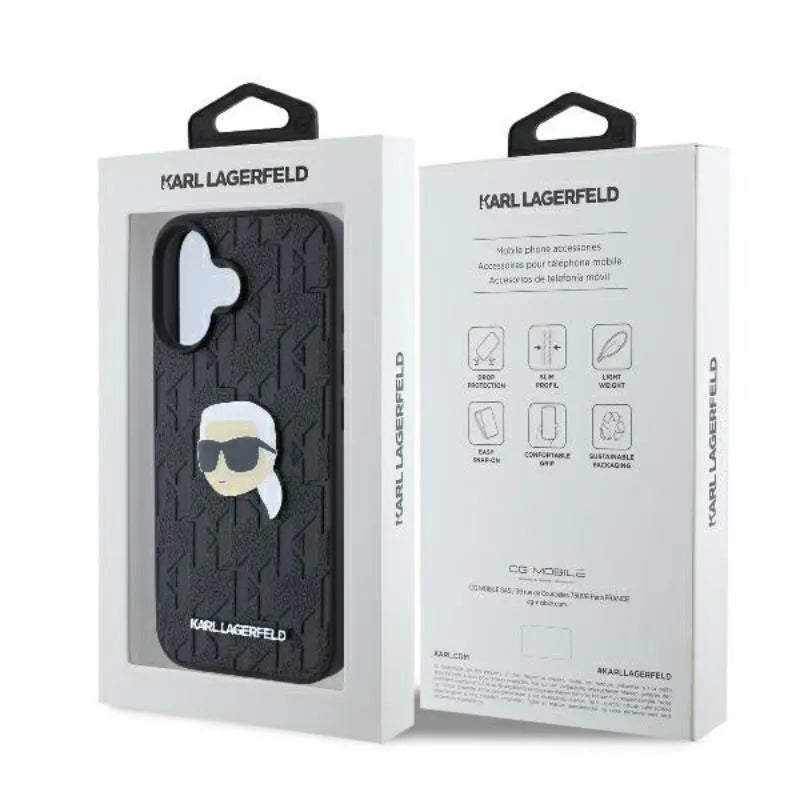 Karl Lagerfeld Monogram Karl Head Pin - dėklas, skirtas iPhone 16 (juodas)
