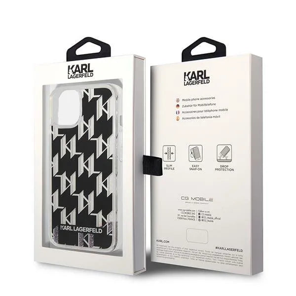 Karl Lagerfeld Monogram Liquid Glitter – dėklas skirtas iPhone 14 Plus (juodas)