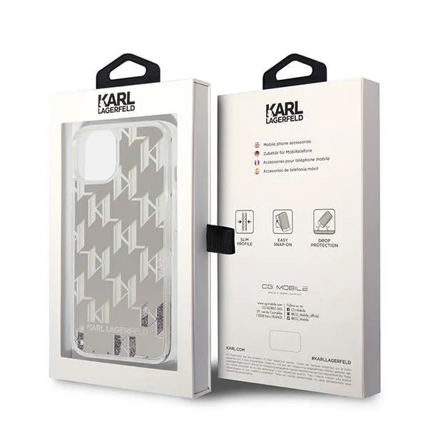 Karl Lagerfeld Monogram Liquid Glitter – dėklas skirtas iPhone 14 Plus (sidabras)