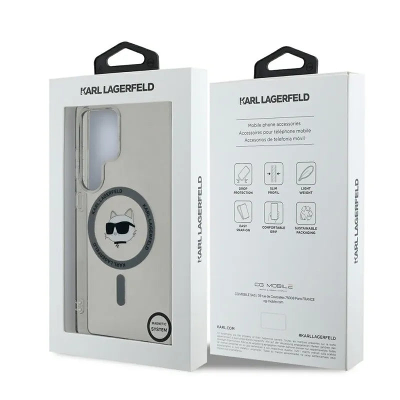 Karl Lagerfeld mygtukas Choupette galvos spausdintas logotipas MagSafe – dėklas Samsung Galaxy S25 Ultra (juodas)