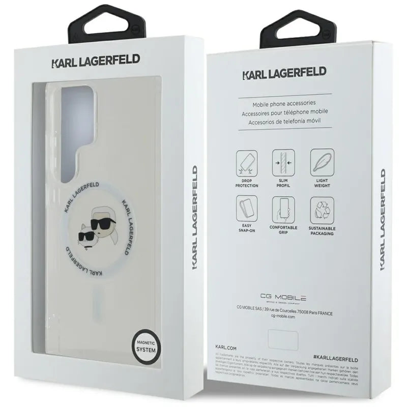 Karl Lagerfeld mygtukas Karl & Choupette galvučių atspausdintas logotipas MagSafe - dėklas, skirtas Samsung Galaxy S25 Ultra (baltas)