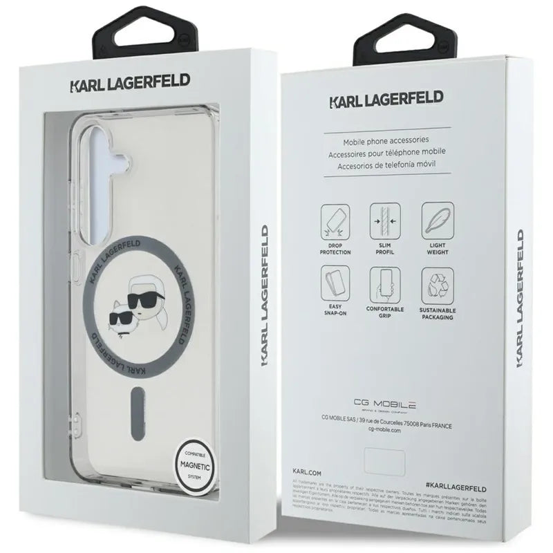 Karl Lagerfeld Mygtukas Su Karl & Choupette Galvų Atspaudu Logotipas MagSafe - Dėklas Samsung Galaxy S25+ (Juodas)