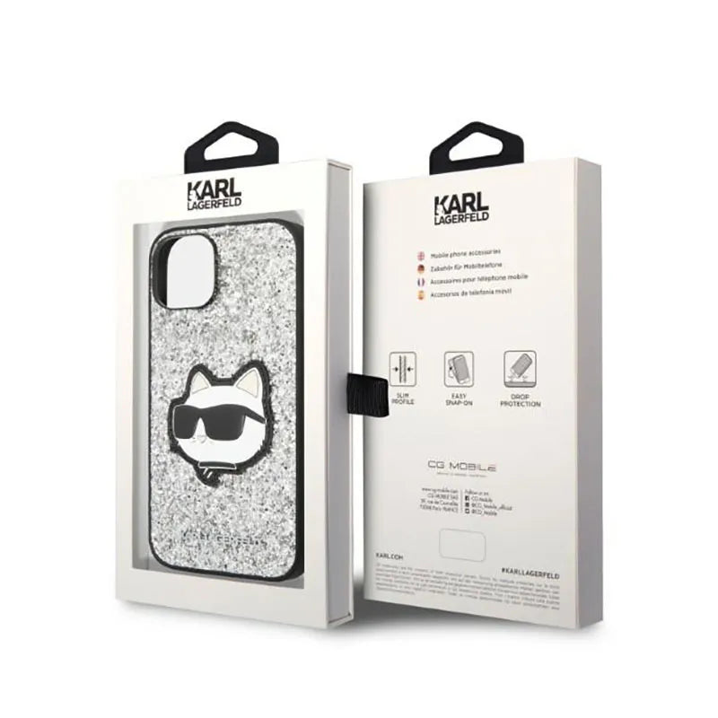 Karl Lagerfeld NFT Glitter Choupette Patch – dėklas, skirtas iPhone 14 Plus (sidabro spalvos)