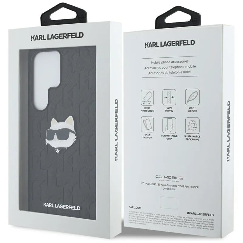 Karl Lagerfeld odinio monograma smeigtukas su „Choupette“ galva – dėklas, skirtas „Samsung Galaxy S25 Ultra“ (juodas)