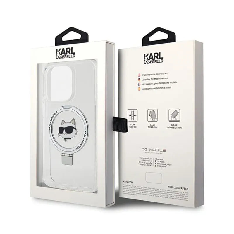 Karl Lagerfeld Ring Stand Choupette Head MagSafe - „iPhone 15 Pro Max“ dėklas (baltas)