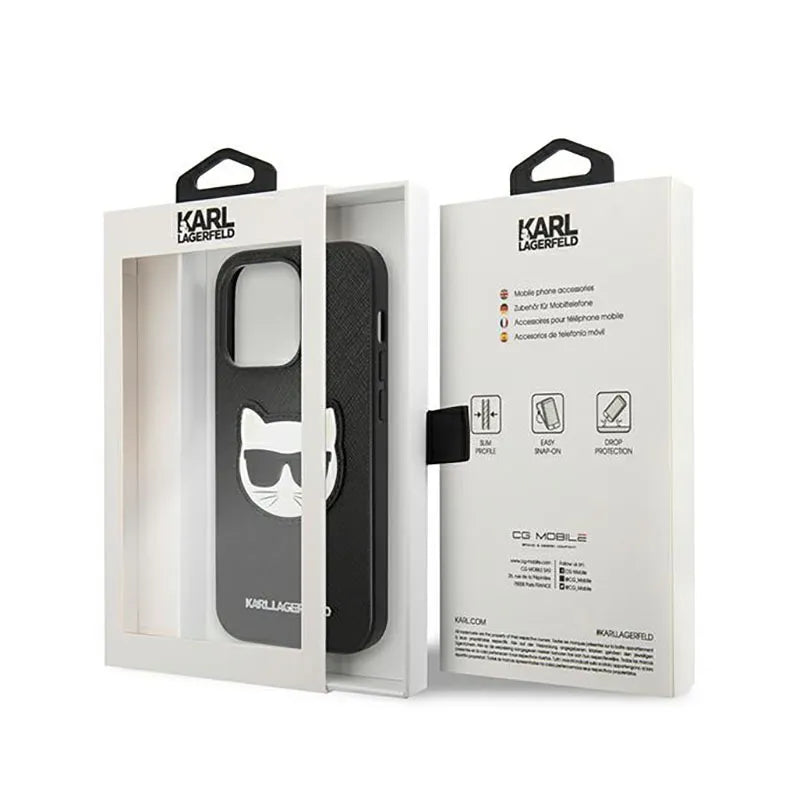 Karl Lagerfeld Saffiano Choupette Head Patch dėklas – dėklas, skirtas „iPhone 14 Pro“ („Black“)