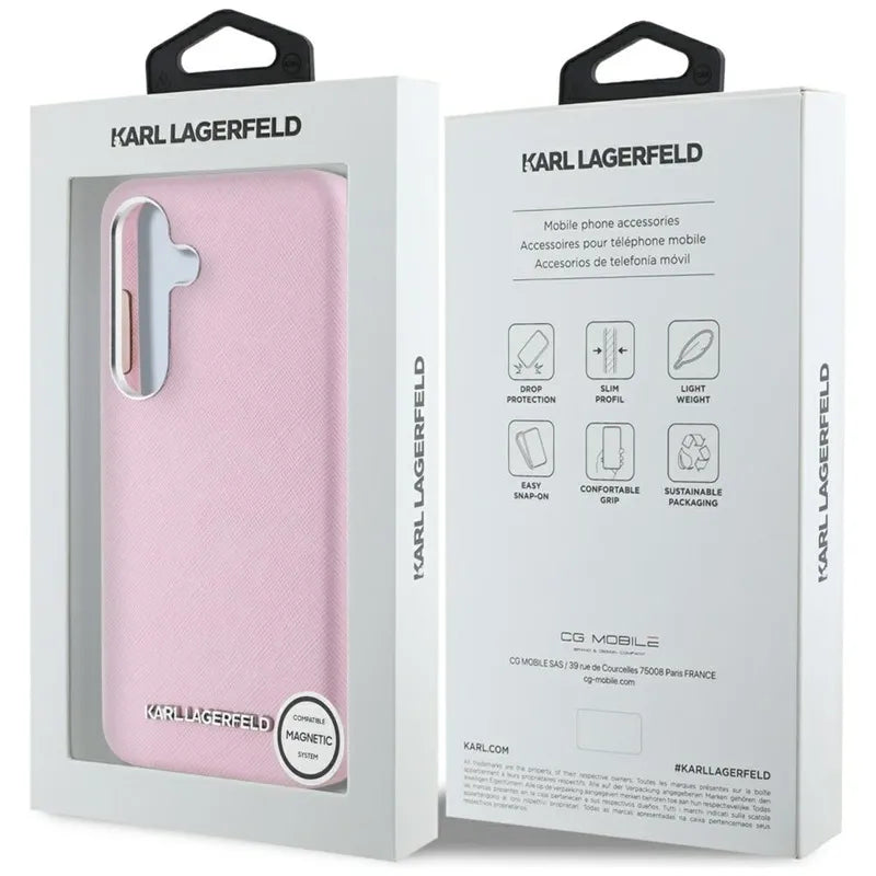 Karl Lagerfeld Saffiano Full Wrapped Elongated Metal Logo MagSafe - Dėklas, skirtas Samsung Galaxy S25+ (rožinis)