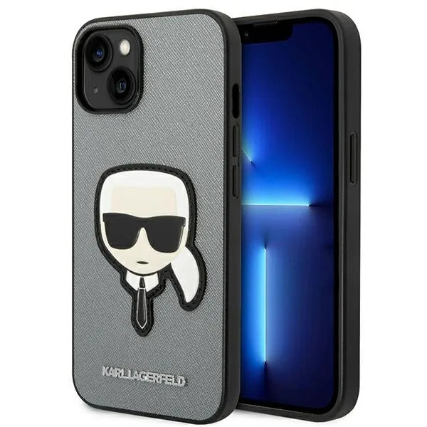 Karl Lagerfeld Saffiano „Karl Head Patch“ dėklas, skirtas „iPhone 14 Plus“ (sidabrinis)