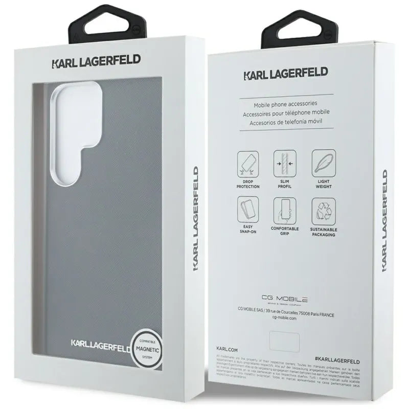 Karl Lagerfeld Saffiano pilnai apgaubtas ilgas metalinis logotipas MagSafe – dėklas Samsung Galaxy S25 Ultra (juodas)