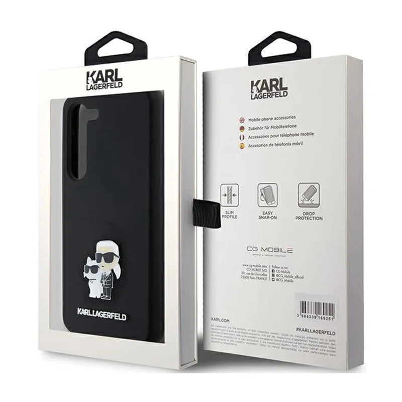 Karl Lagerfeld silikonas Karl & Choupette Metal Pin - dėklas, skirtas Samsung Galaxy S24 (juodas)