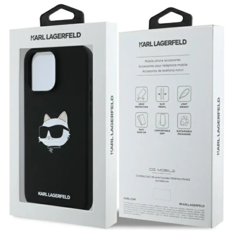 Karl Lagerfeld Silikoninis Choupette galvos atspaudas MagSafe - dėklas iPhone 16 Pro (juodas)