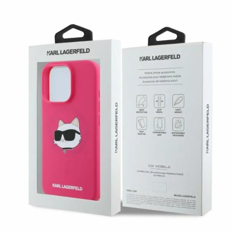 Karl Lagerfeld Silikoninis Choupette galvos raštas MagSafe - Dėklas iPhone 16 Pro Max (fuksijų spalvos)