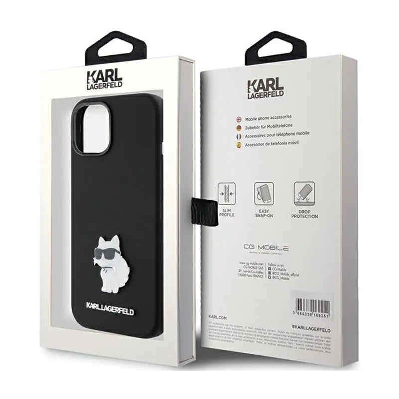 Karl Lagerfeld silikoninis "Choupette" metalinis segtukas – „iPhone 15 Plus“ dėklas (juodas)