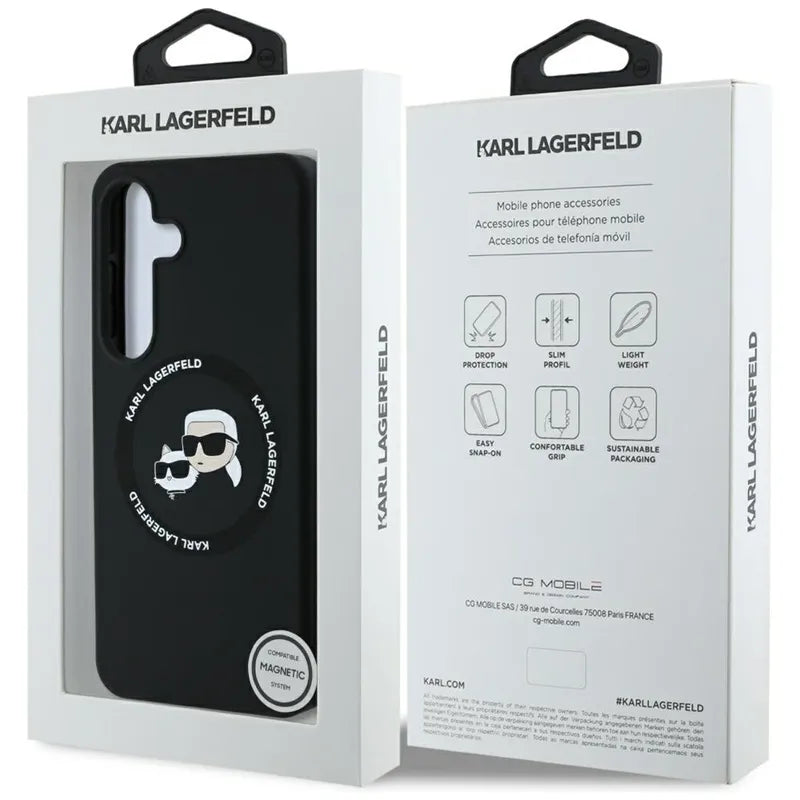 Karl Lagerfeld Silikoninis dvigubos galvutės ir apskritimo „MagSafe“ – dėklas, skirtas „Samsung Galaxy S25“ (juodas)