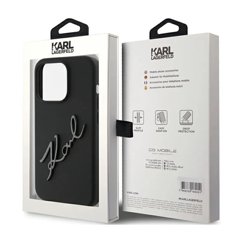 Karl Lagerfeld Silikoninis Karl Script – „iPhone 15 Pro“ dėklas (Juodas)