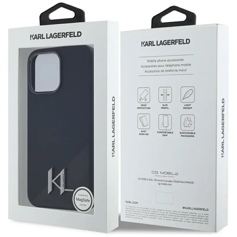 Karl Lagerfeld Silikoninis MagSafe Dėklas su metalo inicialu "Shadow" – skirtas iPhone 15 Pro (juodas)