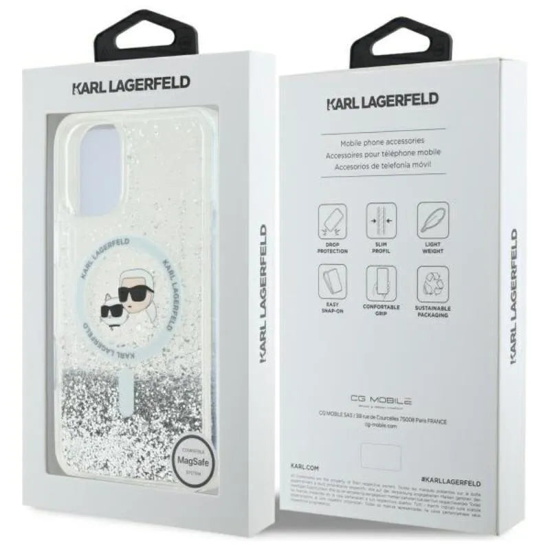 Karl Lagerfeld skysti blizgučiai „Karl & Choupette Head MagSafe“ – dėklas, skirtas „iPhone 16 Plus“ (permatomas)