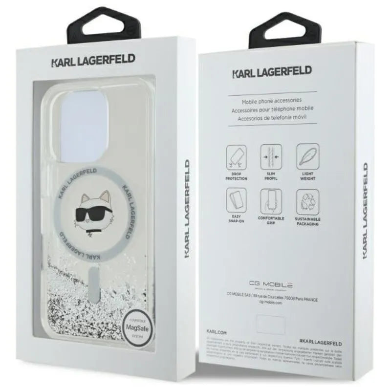 Karl Lagerfeld skystų blizgučių dėklas su Choupette galva MagSafe – iPhone 16 Pro Max (skaidrus)