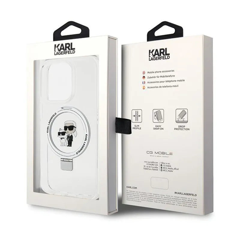 Karl Lagerfeld žiedinis stovas Karl & Choupette MagSafe – iPhone 14 Pro dėklas (baltas)