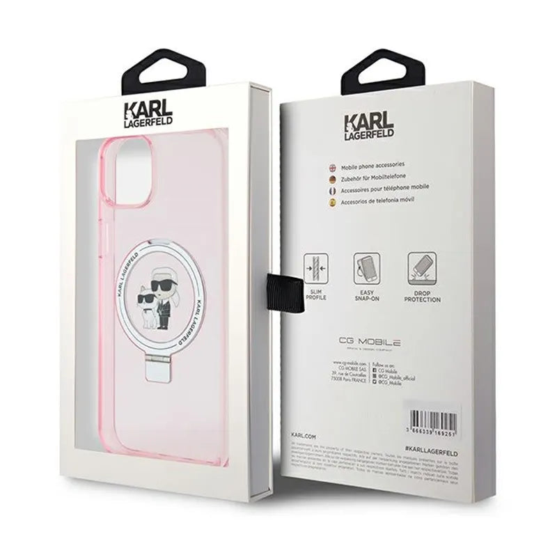 Karl Lagerfeld žiedo laikiklis Karl & Choupette MagSafe – „iPhone 15 Plus“ dėklas (rožinis)