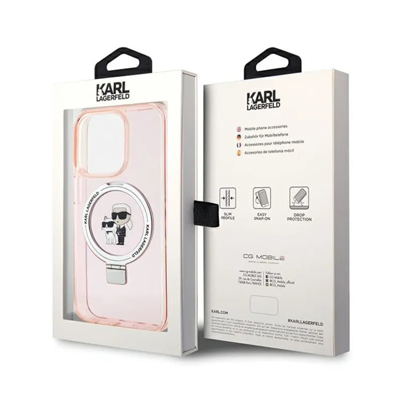 Karl Lagerfeld žiedo stovas Karl & Choupette MagSafe – iPhone 15 Pro Max dėklas (rožinis)
