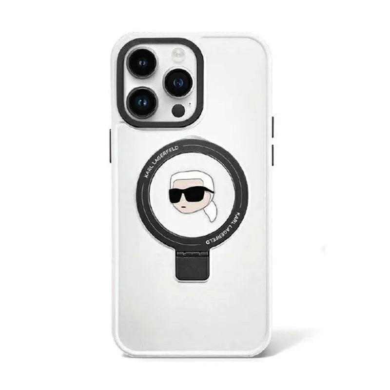 Karl Lagerfeld žiedo stovas Karl Head MagSafe – iPhone 15 Pro dėklas (baltas)