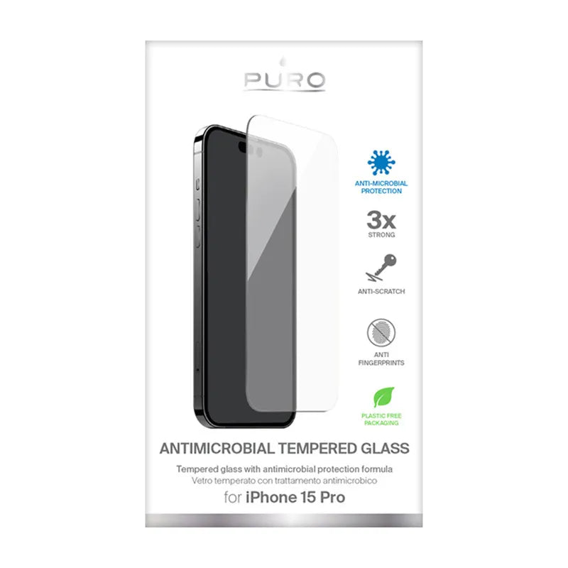 PURO Anti-Bacterial grūdintas stiklas – grūdintas apsauginis stiklas su antimikrobine apsauga, skirtas iPhone 15 Pro