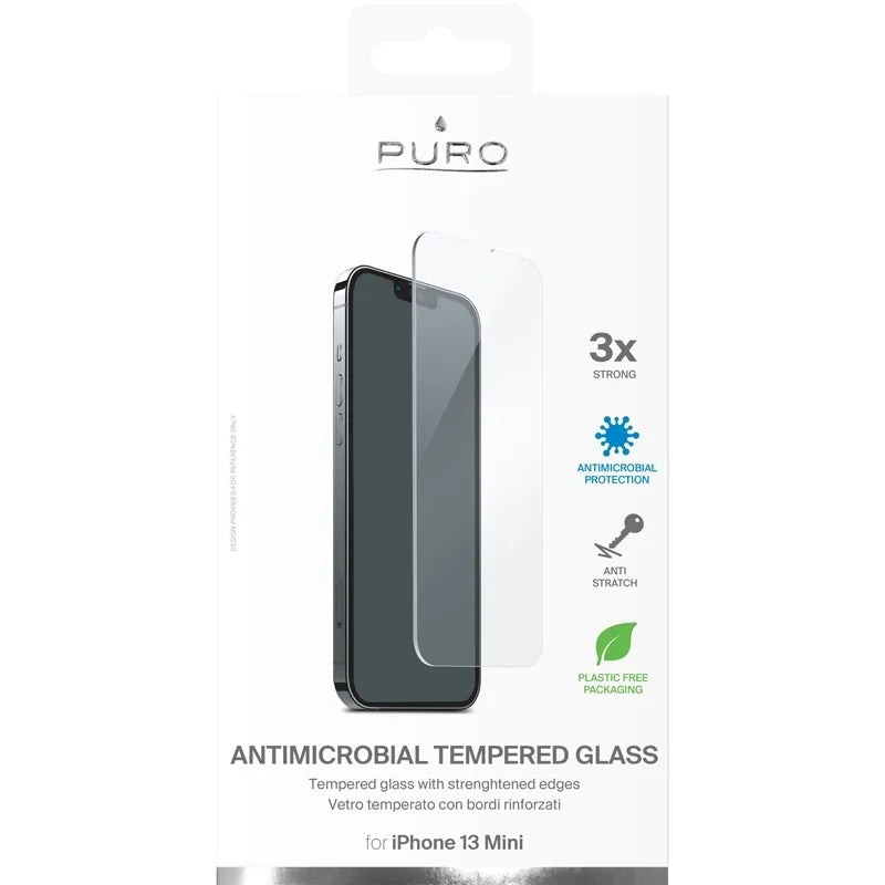 PURO Anti-Bakterinė apsauginė grūdinto stiklo ekrano apsauga su antibakterine apsauga skirta iPhone 13 Mini
