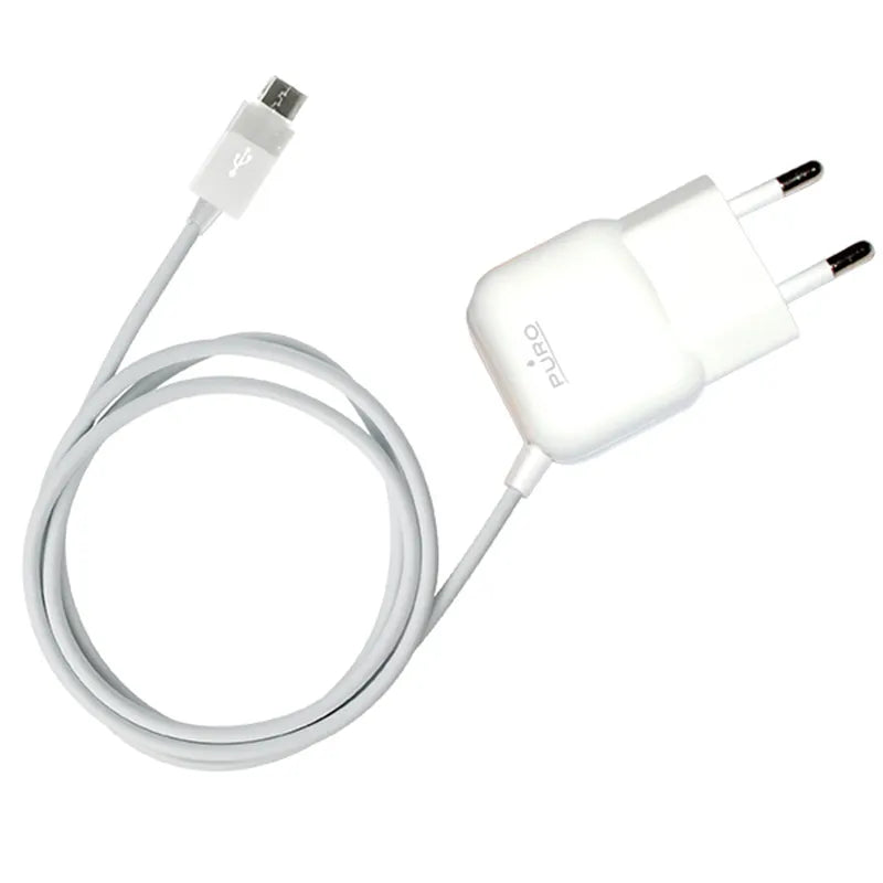 PURO mini kelioninis įkroviklis – nešiojamasis sieninis įkroviklis su mikro USB laidu (baltas)