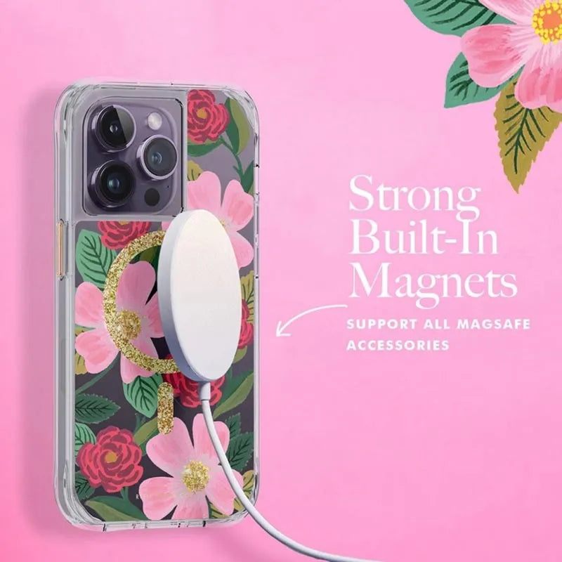 Rifle Paper Clear MagSafe – Dėklas papuoštas auksu, skirtas iPhone 14 Pro (Rose Garden)