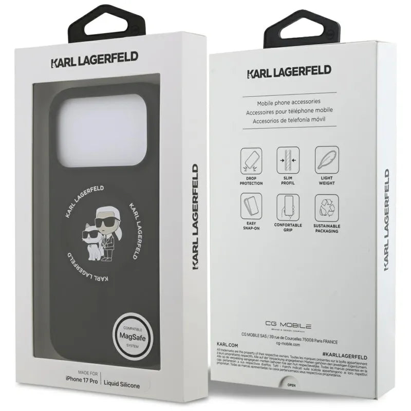 Silikoninis dėklas iPhone 17 Pro su Karl & Choupette žiedu MagSafe (juodas) - Karl Lagerfeld