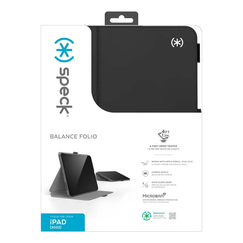 Speck Balance Folio dėklas – iPad 11" (2025) / 10.9" (2022) dėklas su MICROBAN danga su magnetu ir stovu (juodas)