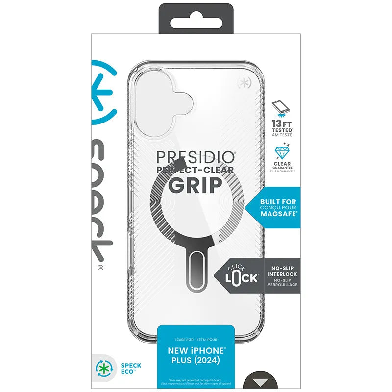 Speck Presidio Perfect-Clear Grip ClickLock & MagSafe – dėklas iPhone 16 Plus (skaidrus / chromuota apdaila / rami sidabrinė)