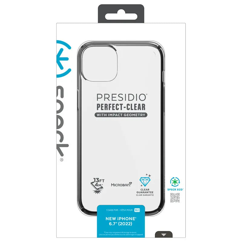 Speck Presidio Perfect-Clear su Impact Geometry dėklas – iPhone 15 Plus / 14 Plus dėklas su MICROBAN danga (Skaidrus / Juodas)