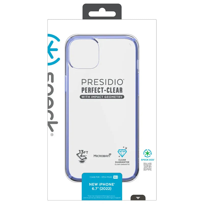 Speck Presidio Perfect-Clear su Impact Geometry – dėklas iPhone 15 Plus / 14 Plus su MICROBAN danga (Skaidrus / Violetinis)
