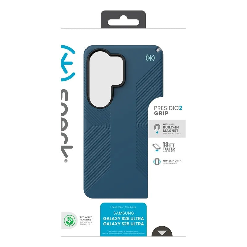Speck Presidio2 Grip Magnet – „Samsung Galaxy S26 Ultra“ dėklas su MagSafe (tamsiai mėlynos/sidabrinės metalinės/sudrumstos mėlynos spalvos)