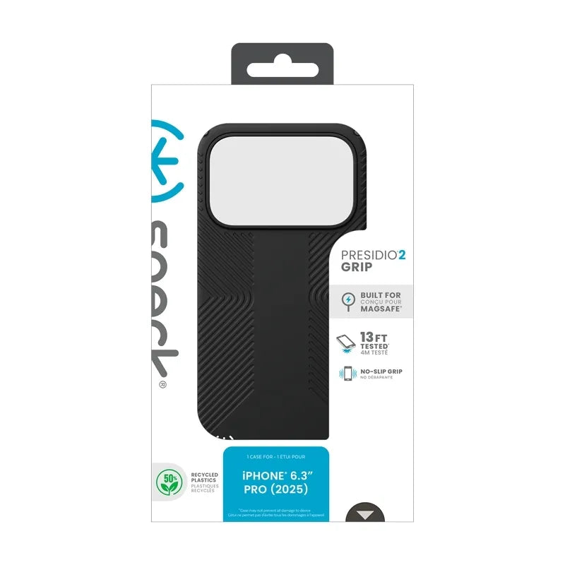 Speck Presidio2 Grip MagSafe – dėklas iPhone 17 Pro (juodos / skalūno pilkos / baltos spalvos)