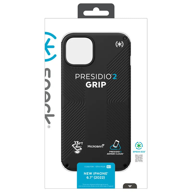 Speck Presidio2 Grip – neslystantis iPhone 15 Plus / 14 Plus dėklas (juodas / juodas / baltas)